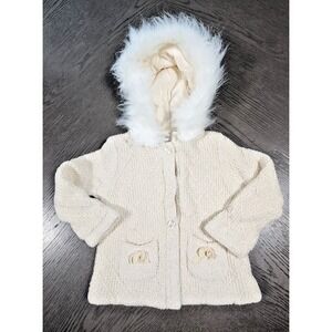 Max Studio Baby Girls Cream Knit Cardigan Faux Fur Trim Hooded Sweater 18M